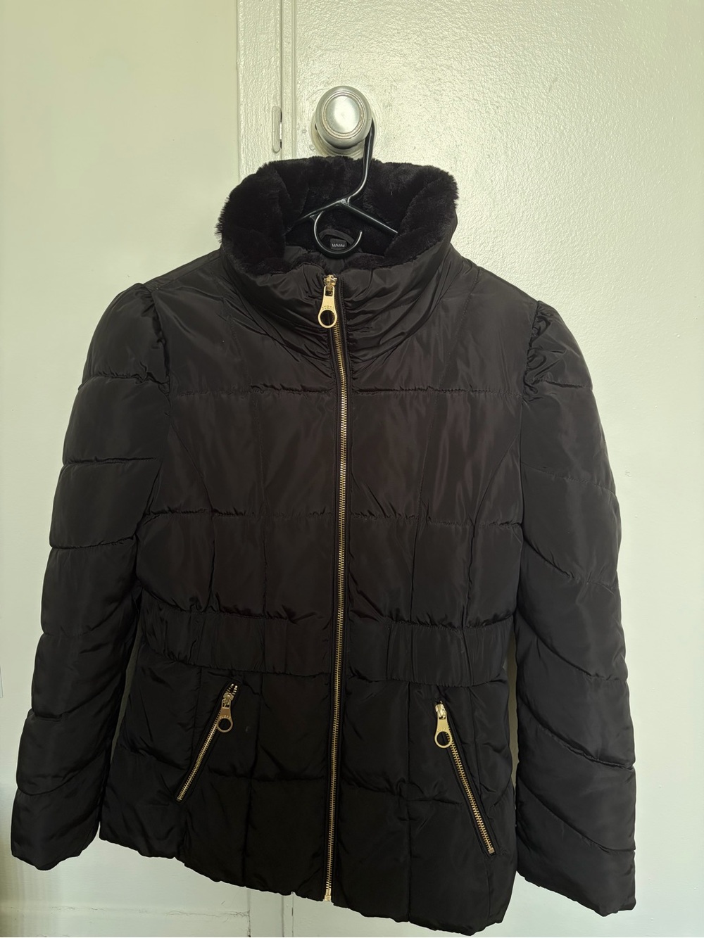 Guess Quilted Puffer Jacket in Black with Plush Collar